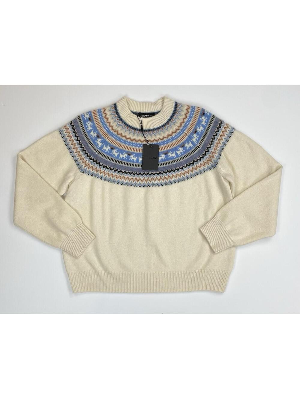 NAADAM Men's L Luxe Cashmere Fair Isle Yoked Crewneck Sweater Cream Ivory NWT